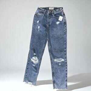 Free People Blue Distressed Straight Leg Pants